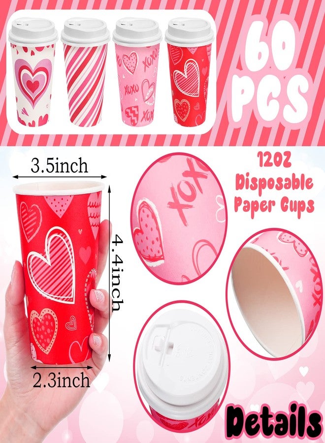 Funtery 60 Set Valentine's Day Disposable Cups with Lids 12 oz Galentine Pink Paper Beverage Cups Hearts Hot Chocolate Cocoa Hot Tea Container Coffee Bar Essentials for Valentine's Day Party Supplies - Image 2